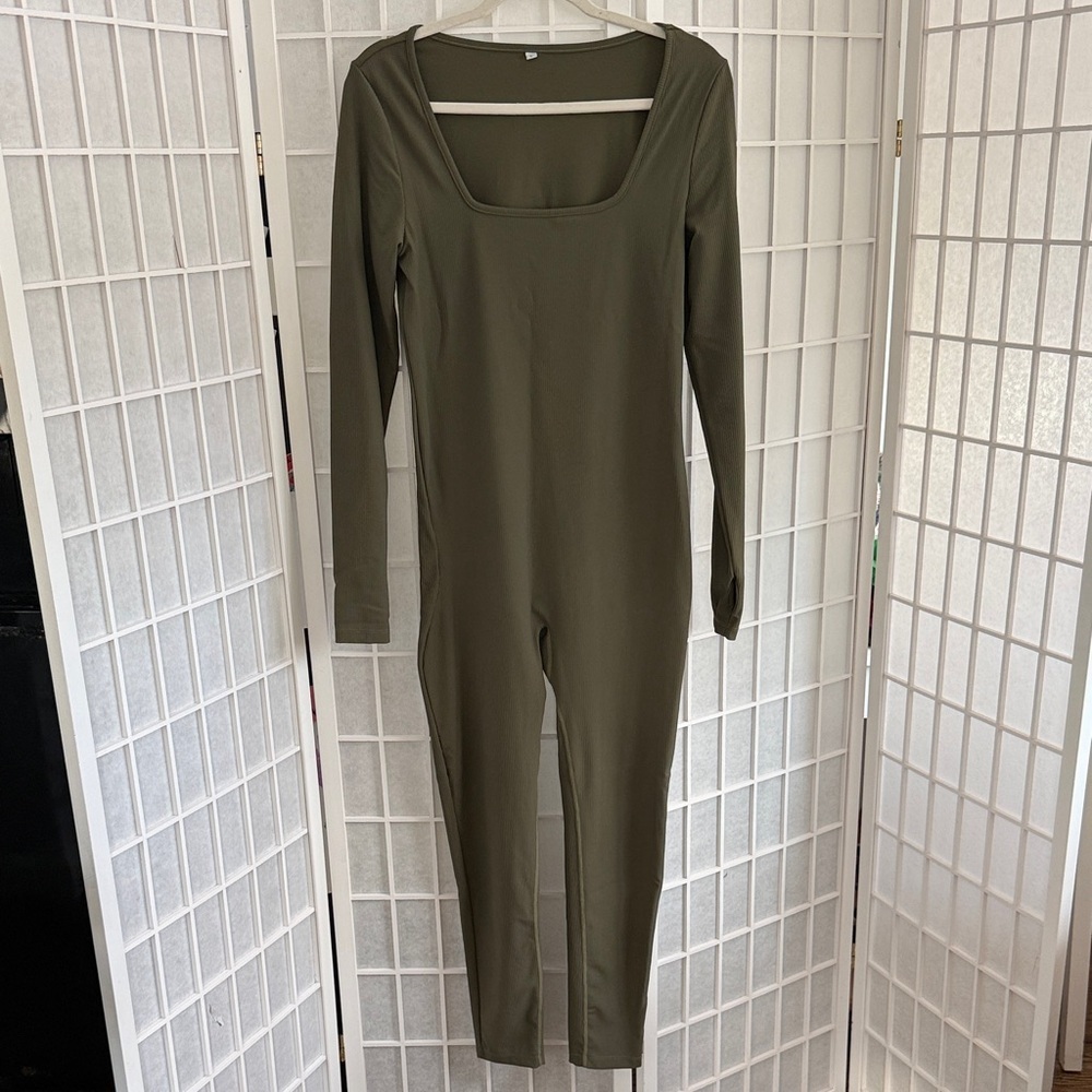 Olive Green Long Sleeve Ribbed Jumpsuit Size L